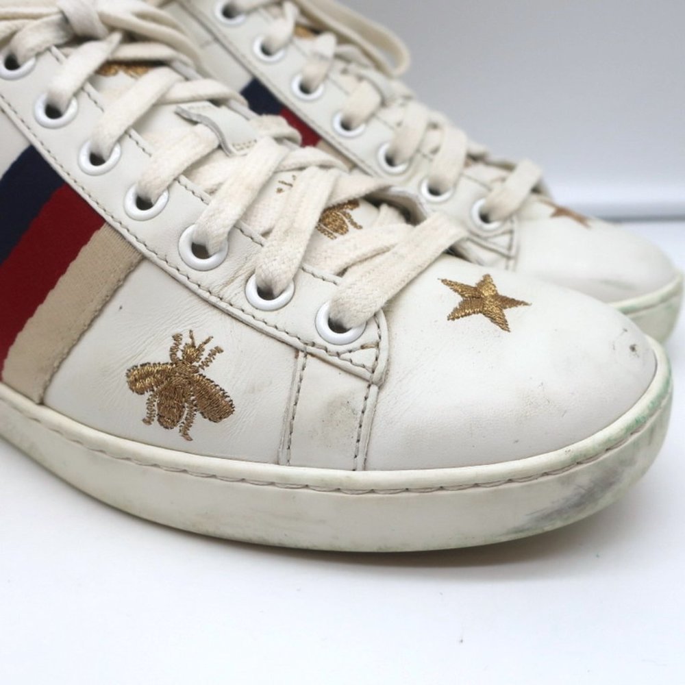 GUCCI ACE BEES & STARS EMBROIDERED SNEAKERS WHITE LEATHER SIZE 35.5 (Runs Large) - Picture 4 of 12